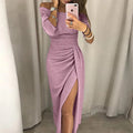 Vestido Bodycon Bling Ombros de Fora | Seda Brilhante Fenda Festa