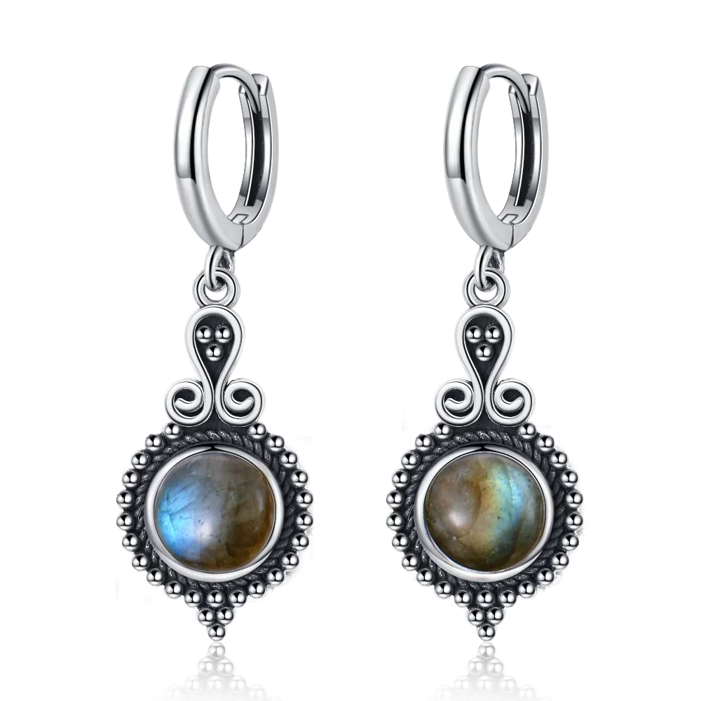 Brincos elegantes de prata com cianite natural para mulheres, joias vintage, brincos de argola para casamento e noivado, presentes