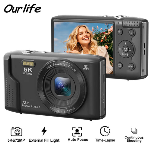Câmara Digital Ourlife 5K 72MP | Zoom 16x Ecrã 2.8'' Vlog YouTube