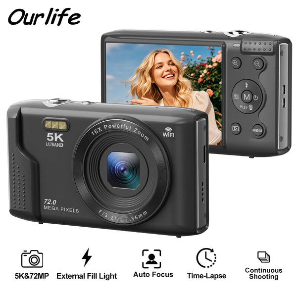 Câmara Digital Ourlife 5K 72MP | Zoom 16x Ecrã 2.8'' Vlog YouTube