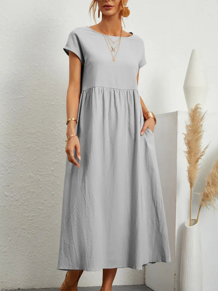 Vestido Longo Algodão Linho Vintage | Casual Elegante Manga Curta