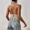 Top Croché Boho Halter com Franjas | Costas Nuas Praia Y2K