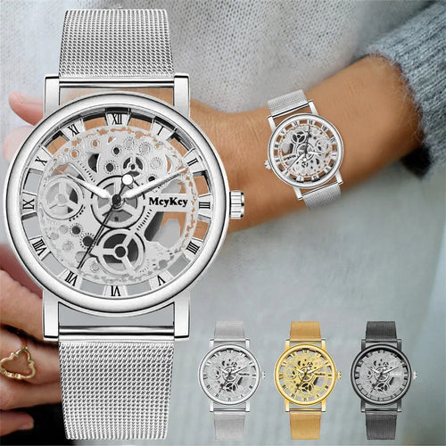 Relógio Feminino Skeleton Hollow | Malha Metálica Faux Mecânico