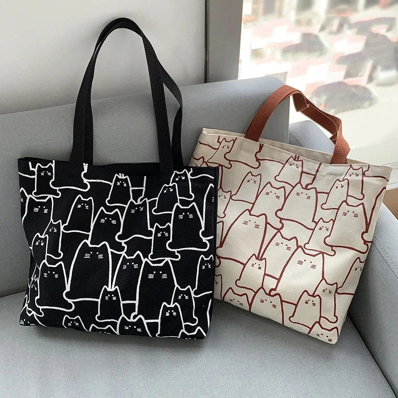 Tote Canvas Gato Japonês com Fecho | Designer Cartoon Shoulder Shopper