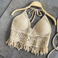 Top Croché Boho Halter com Franjas | Costas Nuas Praia Y2K