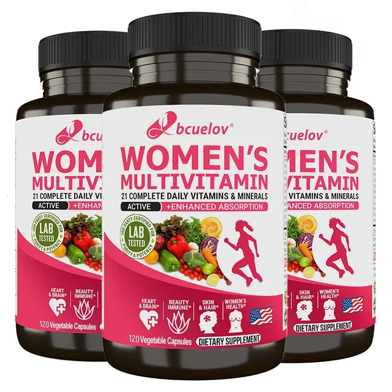 Suplemento multivitamínico e multimineral feminino - magnésio, biotina, cálcio, zinco e selénio - ajuda na saúde das articulações, pele e unhas.
