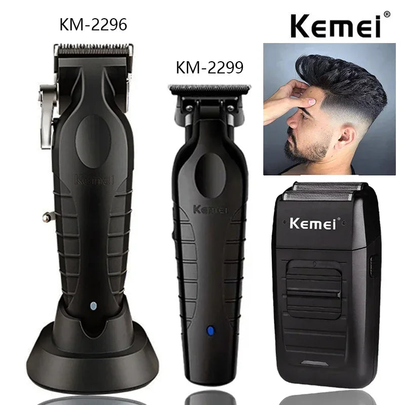 Kit Kemei Profissional KM-2296/2299/1102 | Máquina Cortar Cabelo Masculino