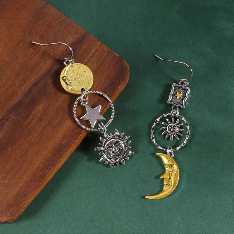 Pendente com rosto, sol e lua da mitologia grega, design criativo, pendente assimétrico feminino, brincos, presente para festa, joias personalizadas