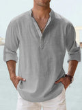 Camisa Linho Algodão Henley Manga Longa | Praia Hawaiana Casual Leve