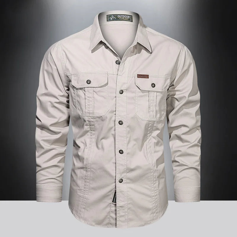 Camisa Cargo Algodão Multi-Bolsos Militar | Overshirt Outdoor Casual