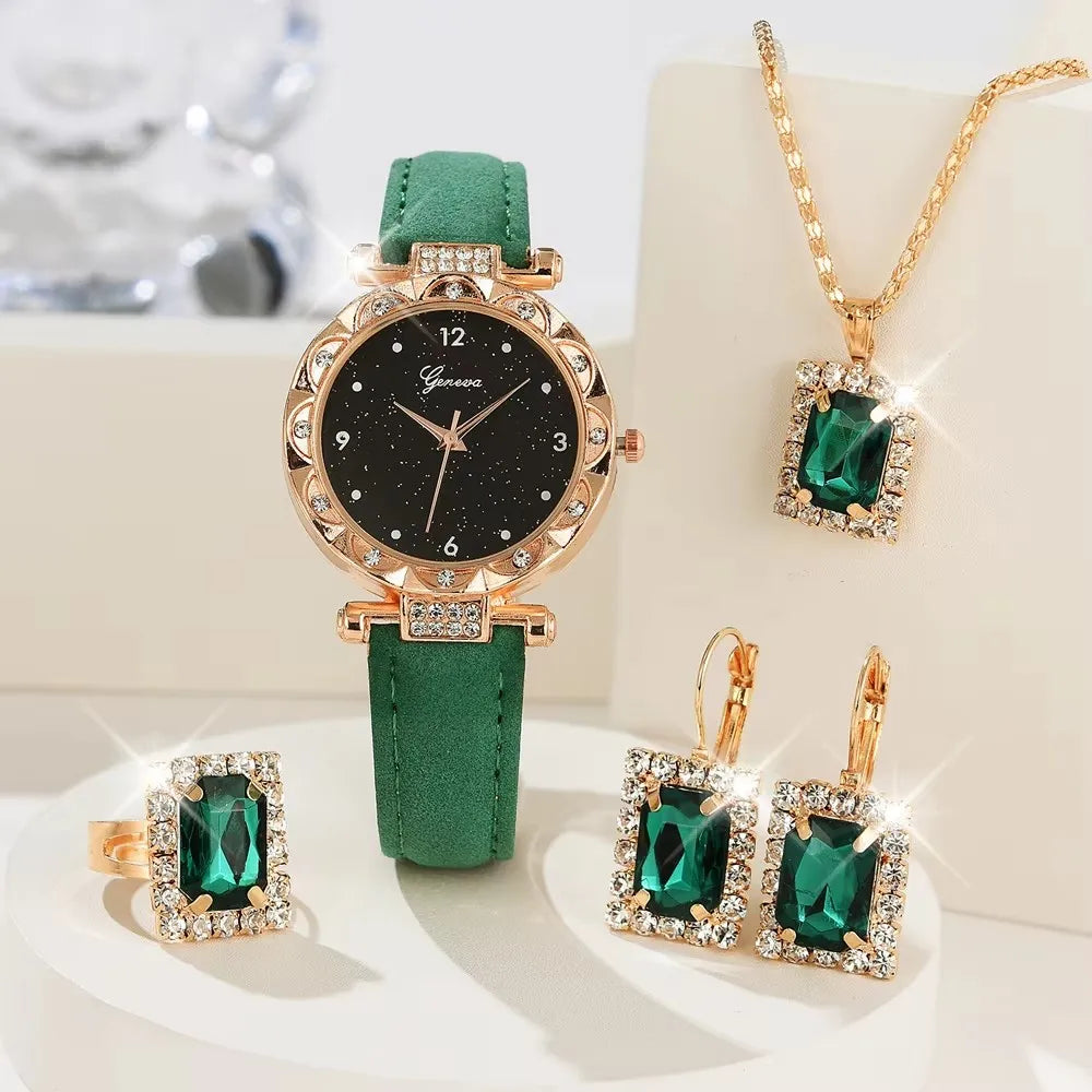 Conjunto de 5 relógios de luxo para senhora com strass, elegante e moderno, relógio de pulso a quartzo para menina, pulseira de relógio de pulso, presente ideal