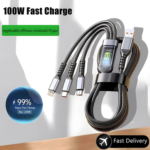 Cabo Carregamento 3 em 1 100W Nylon | USB Type-C Micro Universal