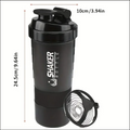 Garrafa shaker com recipiente para proteína em pó de 2 níveis, ideal para esportes, academia e fitness.