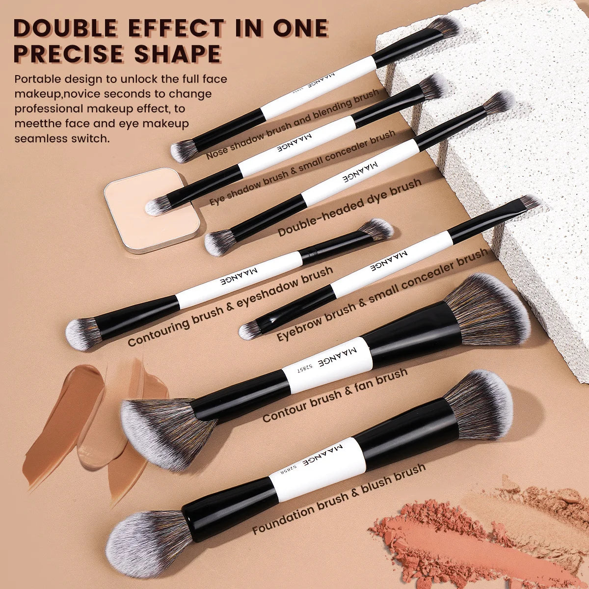 Kit 7 Pincéis Duplos Premium Maange | Base Sombra Blush Contorno