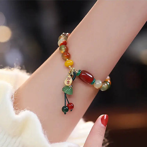 Pulseira Contas Coloridas Estilo Chinês | Pedra Natural Étnica Handmade