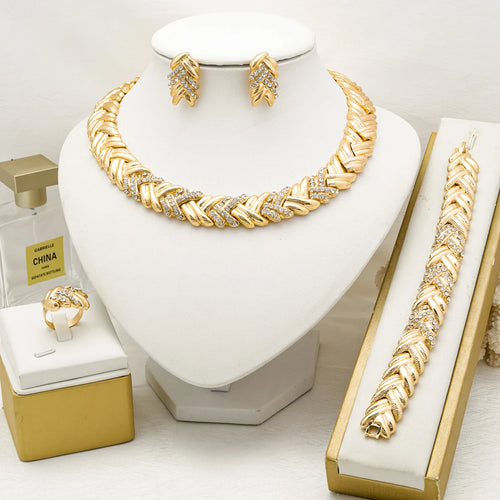 Conjunto de Joias Dubai Banhadas a Ouro 18K – Colar, Brincos, Pulseira e Anel