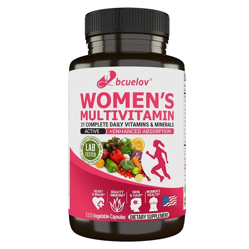 Suplemento multivitamínico e multimineral feminino - magnésio, biotina, cálcio, zinco e selénio - ajuda na saúde das articulações, pele e unhas.