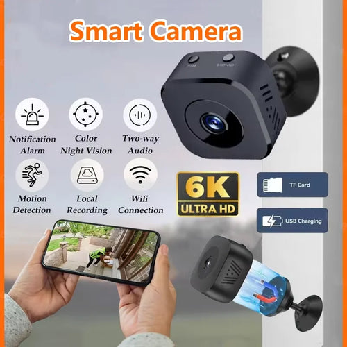 Câmara Segurança Mini 4K WiFi | Visão Noturna Deteção Movimento Áudio 2 Vias
