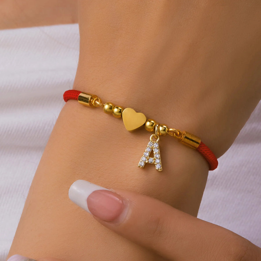 Pulseira Corda Vermelha Inicial A-Z Coração | Sorte Aço Dourado Unissex