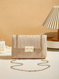 Mala Palha Tecida à Mão com Fecho | Crossbody Cor Sólida Verão Fashion