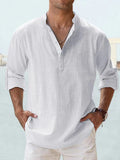 Camisa Linho Algodão Henley Manga Longa | Praia Hawaiana Casual Leve