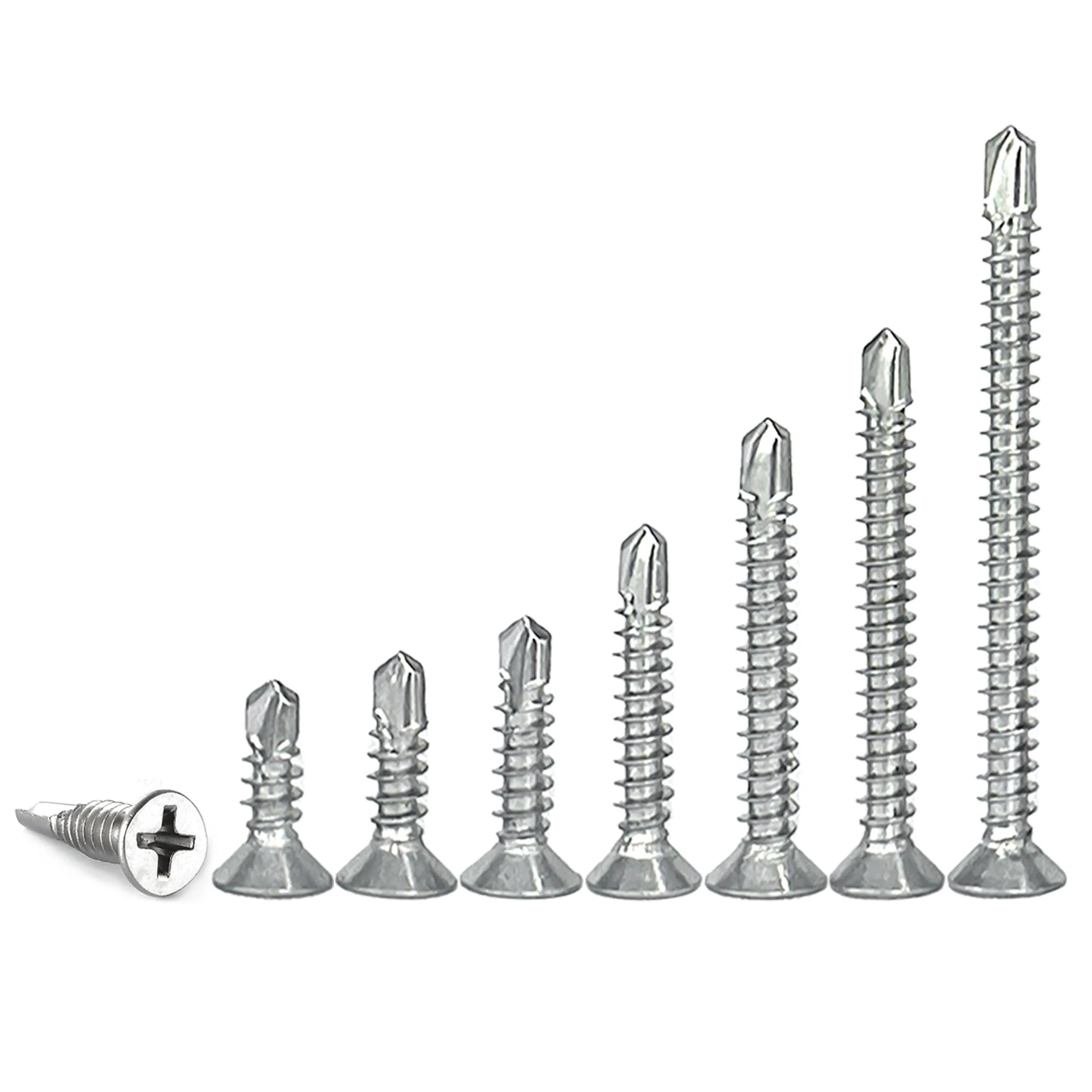 50 parafusos auto-atarraxantes para chapa metálica nº 8 M4.2 410, em aço inoxidável 410, com cabeça plana e alta resistência, para uma perfuração rápida.