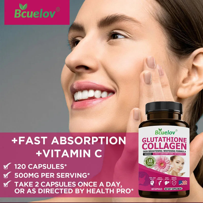 Suplemento de glutationa e colagénio - promove a saúde da pele, cabelo, unhas e ossos, além de ser antioxidante.