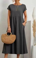 Vestido Longo Algodão Linho Vintage | Casual Elegante Manga Curta