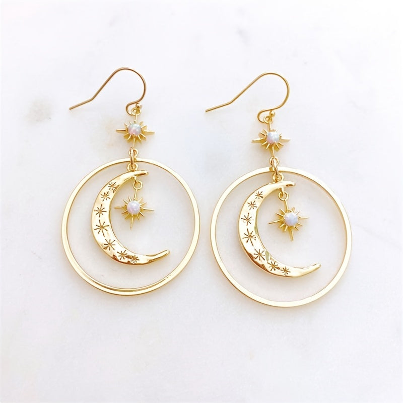 Elegantes brincos pendentes estilo boho-chic com pedra da lua dourada para mulher - lua crescente com motivos de estrelas, liga de zinco, perfeitos para o dia a dia e para festas.