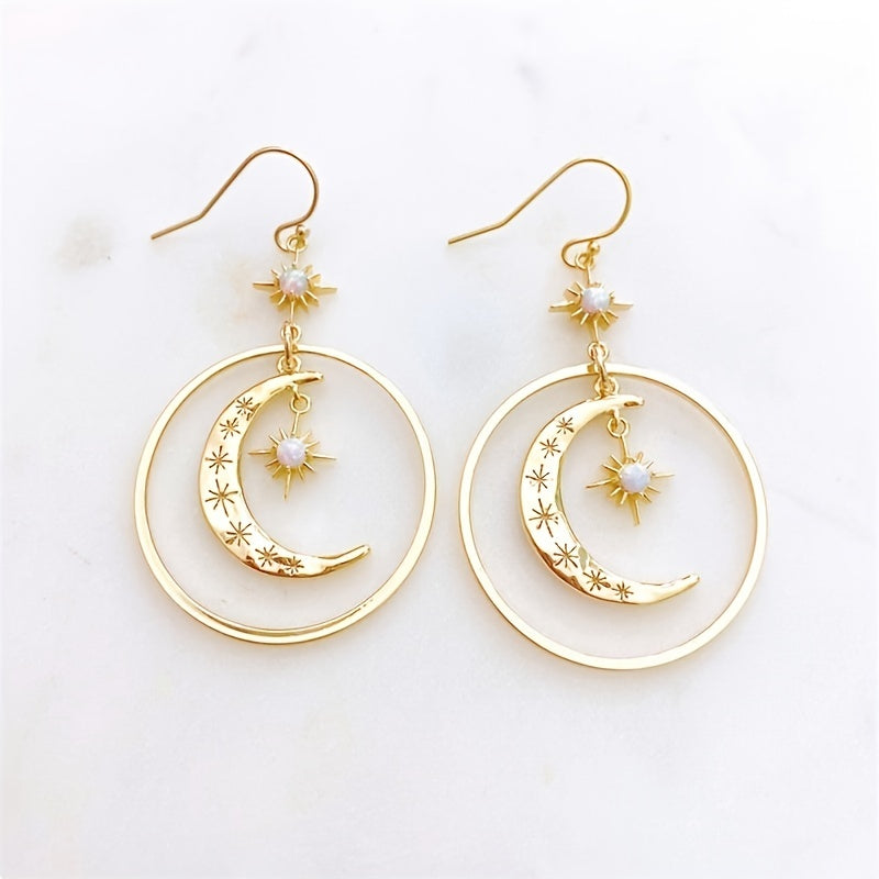 Elegantes brincos pendentes estilo boho-chic com pedra da lua dourada para mulher - lua crescente com motivos de estrelas, liga de zinco, perfeitos para o dia a dia e para festas.